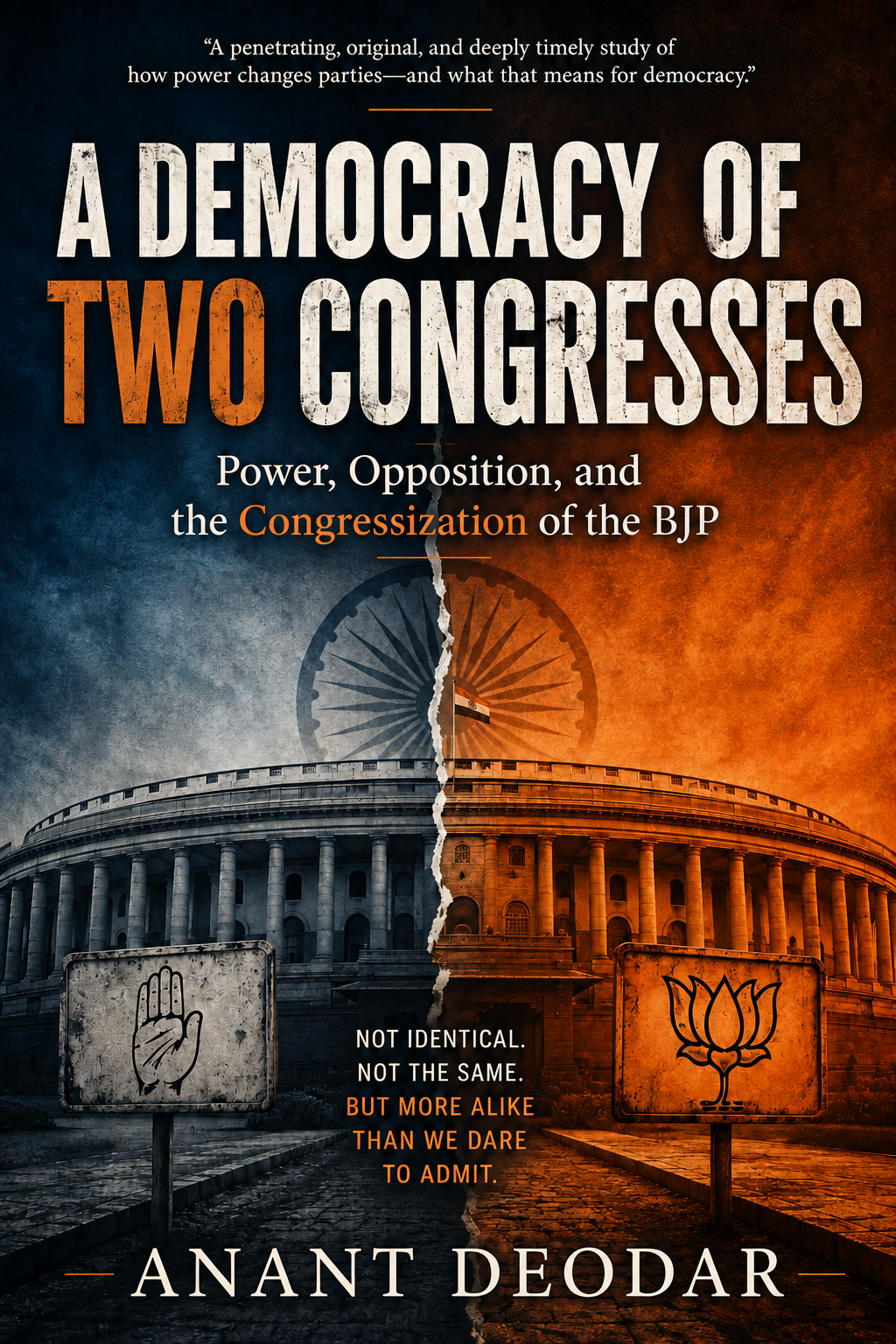 Book cover — A Democracy of Two Congresses: Parliament building split by a jagged crack, blue-grey left and amber right, Ashoka Chakra straddling the dome